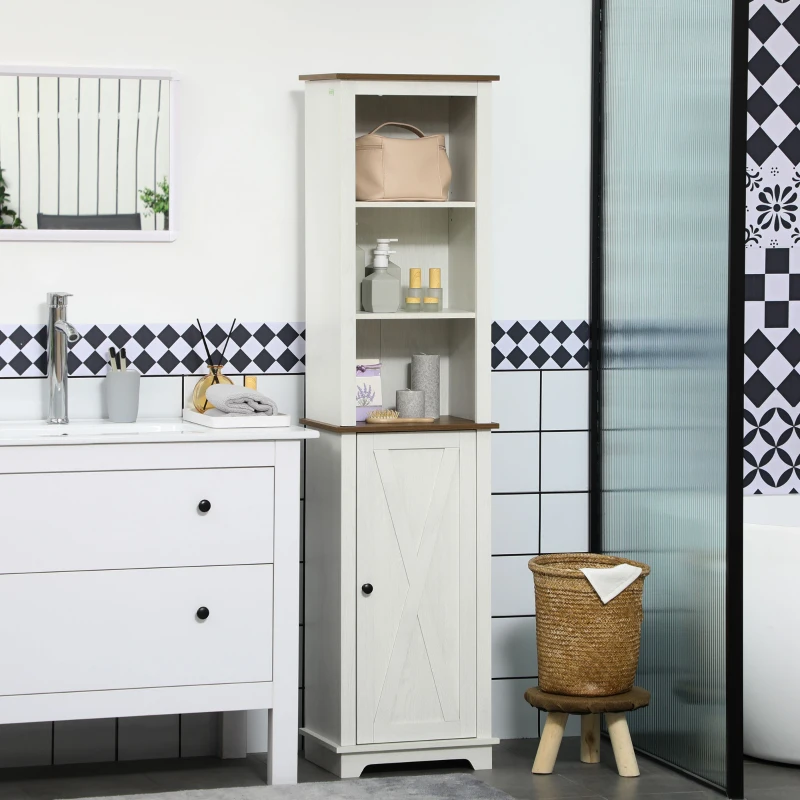 kleankin Armario Alto de Baño Mueble Columna de Baño con 3 Compartimientos Puerta y Estante Ajustable 39,5x30x160 cm Blanco