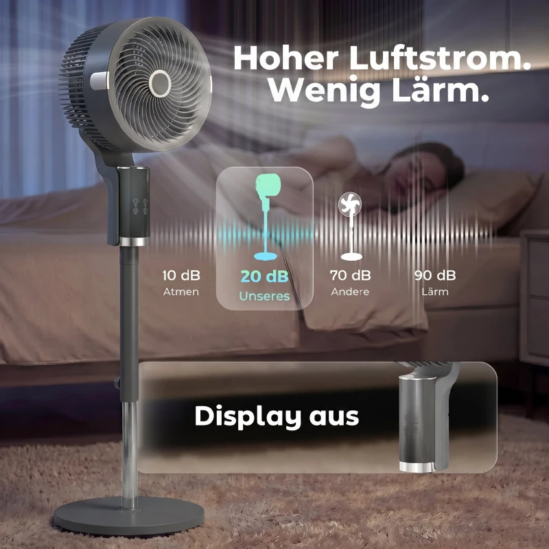 HOMCOM Staande ventilator luchtcirculator ventilator met 8 snelheidsstanden LED-display afstandsbediening timer 90° oscillatie Grijs