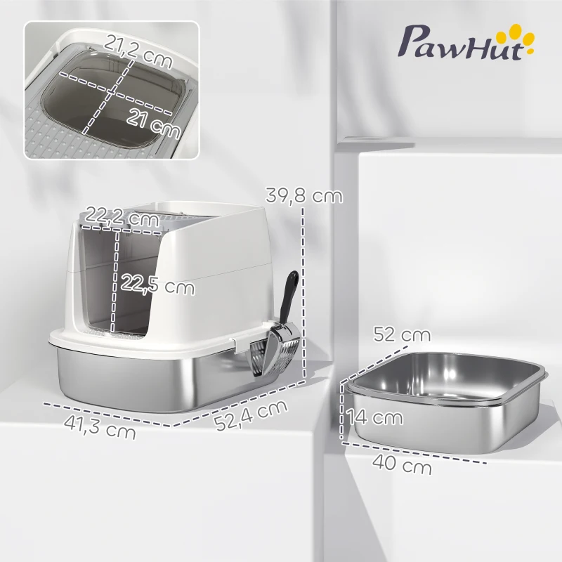 PawHut Arenero para Gatos de Acero Inoxidable L con Tapa Abatible Pala Metálica Bolsa Desodorizante Fácil de Limpiar Blanco