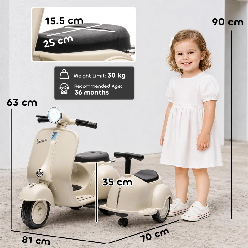 AIYAPLAY Motocicletă Electrică pentru Copii Licență VESPA cu 2 Locuri Pornire Lină Far Frontal Muzică USB și Depozitare Crem