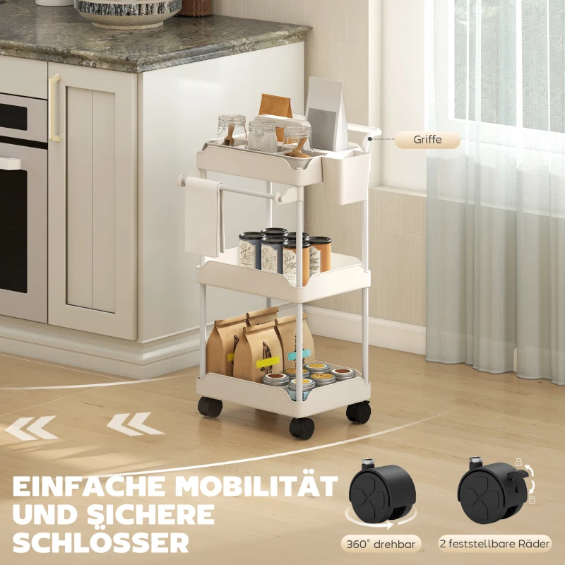 HOMCOM opbergtrolley, 3 manden, handdoekhouder, wielen, handgreep, metalen frame, wit