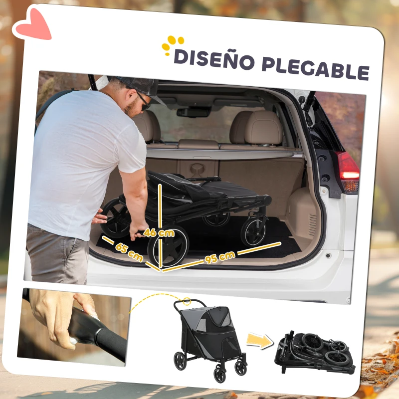 PawHut Cochecito Plegable para Perros Carrito de Mascotas con Ventanas de Malla Correas de Seguridad 112x67x100 cm Gris y Negro