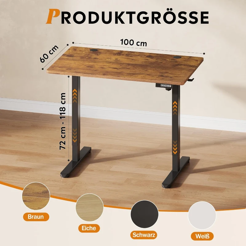 Bureau assis-debout électrique, moteur silencieux, 3 positions mémoire, système anti‑collision, 100×60 cm, 72–118 cm, 100x60x72-118 cm, marron