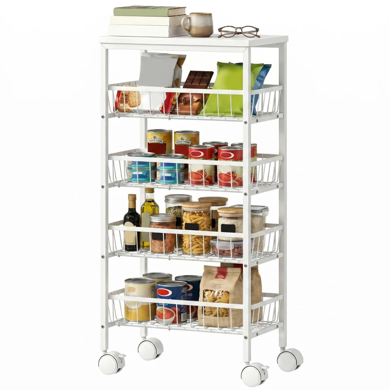 HOMCOM Carrito Auxiliar con Ruedas 4 Cestas Extraíbles Carga 15 kg Marco Metálico para Comedor Baño 40x24x82 cm Blanco