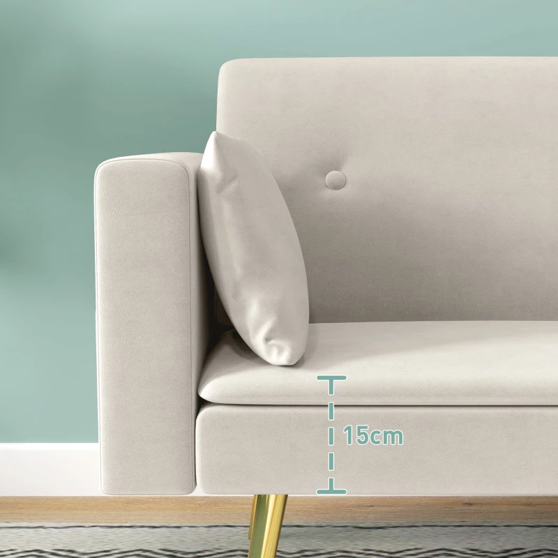 HOMCOM Tweezits Bedbank, Verstelbare Rugleuning, Zachte Kussens, Fluweelachtige Bekleding, voor Woonkamer, Gastenkamer, Beige