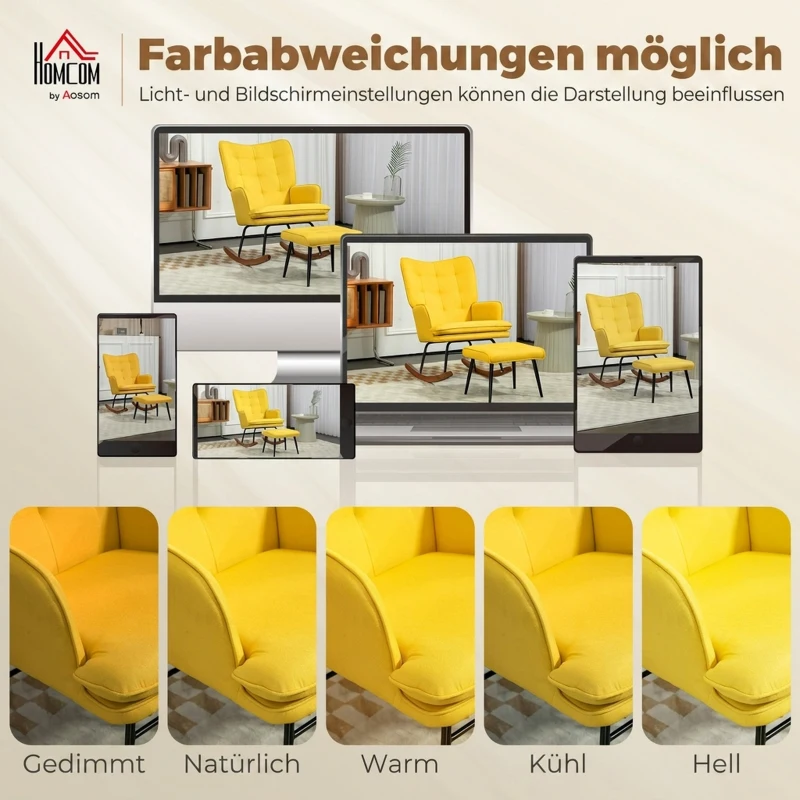 HOMCOM Schaukelstuhl mit Ottomane Skandidesign Schaukelstuhl mit Fußhocker, Buchenholz, Steppung, 64 cm x 89 cm x 90 cm Gelb