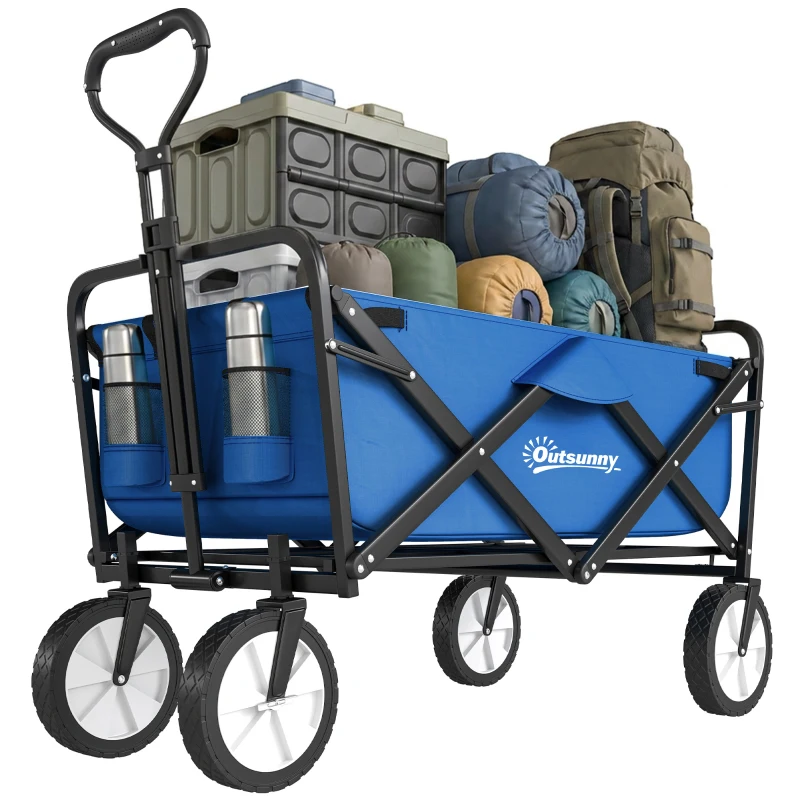 Outsunny Bollerwagen Handwagen mit faltbar Bremsen Verstellbarem Griff 68 KG Belastbar für Garten Einkauf Shopping