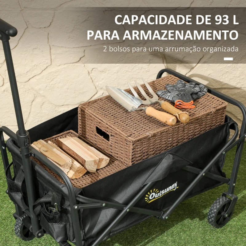 Outsunny Carrinho de Transporte com Rodas Carrinho de Jardim Dobrável com Pega Telescópica Ajustável 2 Bolsas de Arrumação 64x42x27 cm Preto
