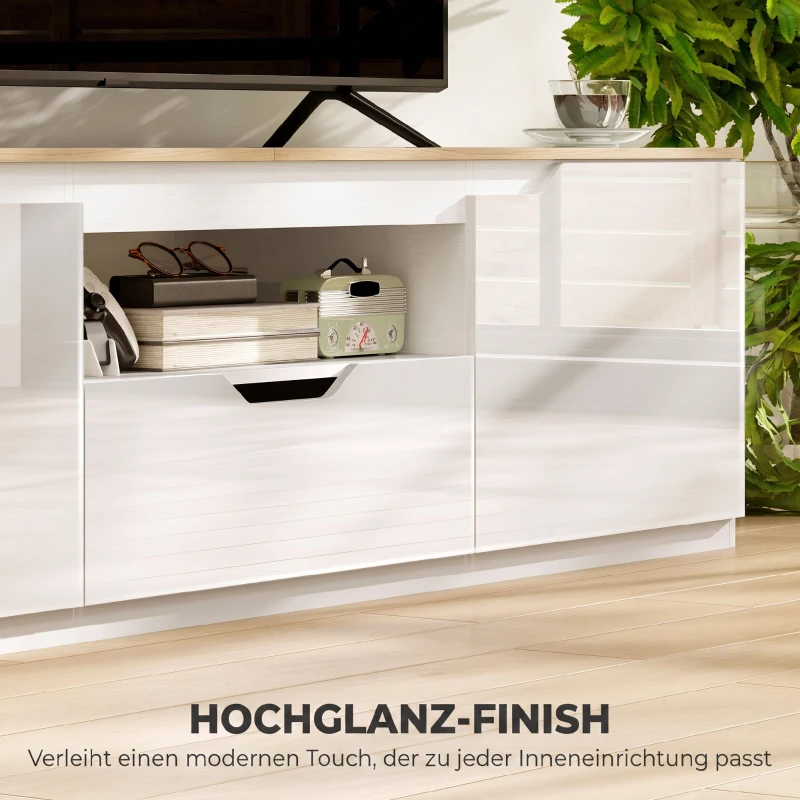 HOMCOM TV-Lowboard, Hochglanz, für Fernseher bis 65'', 3 Fächer, Schublade, 160 x 38 x 43 cm, Naturholz