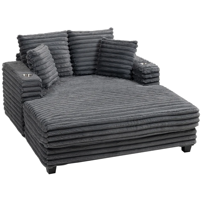 HOMCOM Chaiselongue 2-zits grote slaapbank 134 x 151 cm met bekerhouder voor woonkamer, grijs