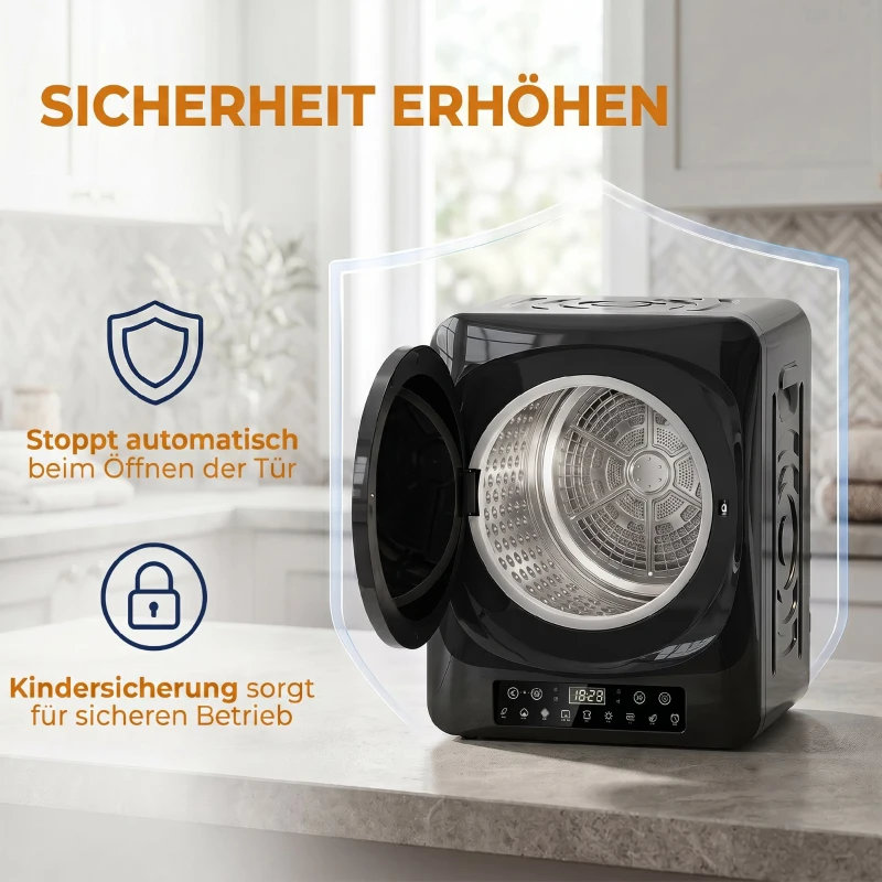 HOMCOM 1000 W compacte wasdroger met extra droog & ECO, timer- en temperatuurinstellingen, zwart