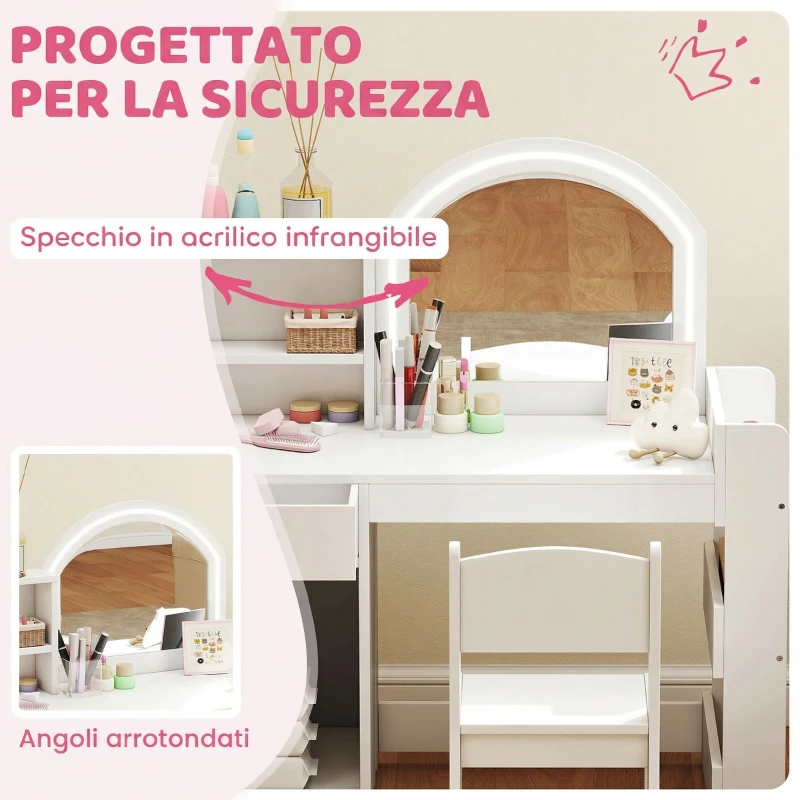 AIYAPLAY Set Toeletta Trucco per Bambini 2 in 1 con Specchio, Sedia, Luce LED, Armadietto, Scaffali e Libreria, Bianco