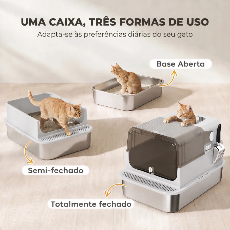 PawHut Caixa de Areia para Gatos em Aço Inoxidável para Gatos Grandes com Tampa Basculante Laterais Altas 70x50x46,5 cm Cinzento