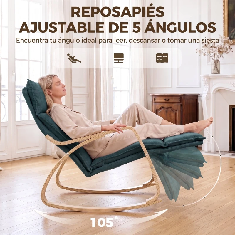 HOMCOM Silla Mecedora con Reposapiés Ajustable en 5 Posiciones Reposabrazos de Madera Acolchado Doble Capa Verde Oscuro