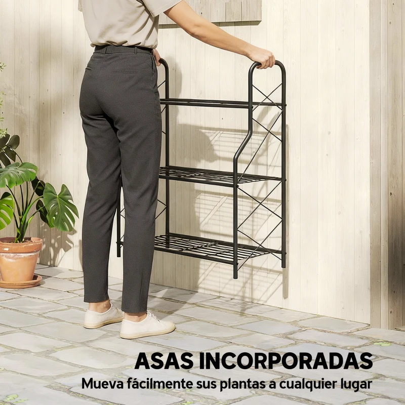 Outsunny Soporte para Plantas de 3 Niveles Estantería Metálica Resistente para Interior y Exterior 69x28,5x78 cm Negro
