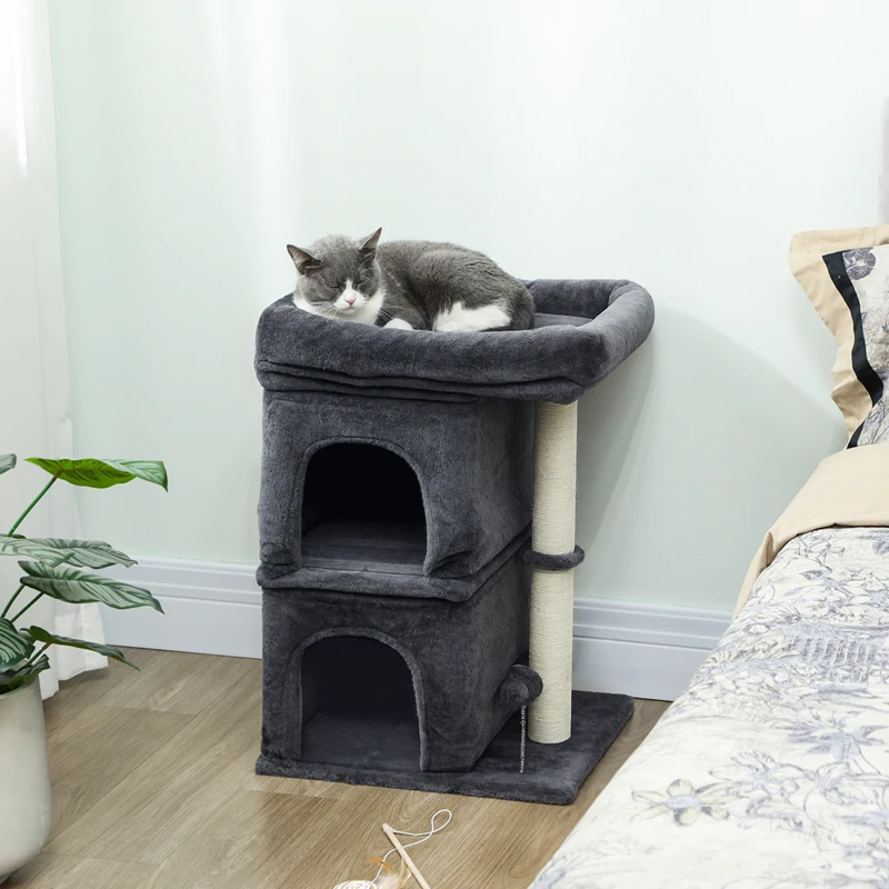 PawHut Árbol Rascador para Gatos Árbol para Gatos 66 cm con Cama 2 Cuevas Poste de Sisal Bola para Jugar Gris Oscuro