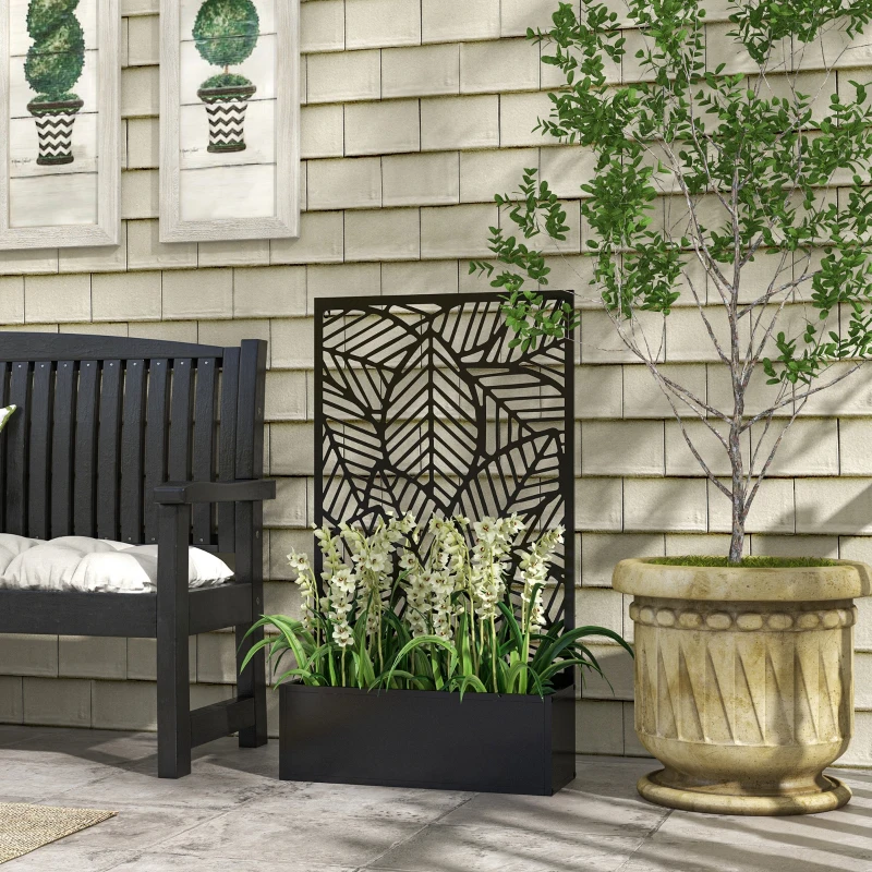 Outsunny Fioriera Rialzata con Spalliera Decorativa per Rampicanti da Terra e Parete in Metallo, 61x23x113 cm, Nero