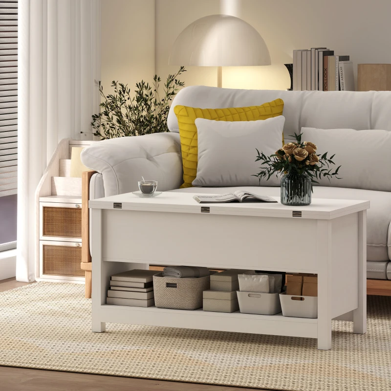 HOMCOM Mesa de Centro Elevable y Extensible con Compartimentos Ocultos Estante Abierto 100x90x64 cm Blanco