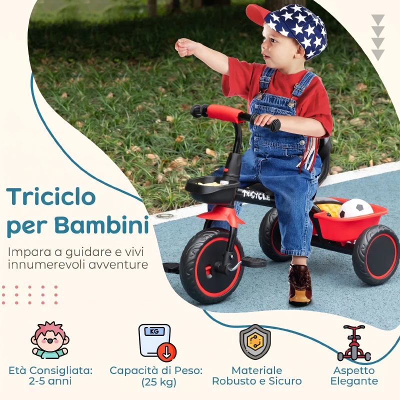 AIYAPLAY Triciclo per Bambini 2-5 Anni con Seduta Regolabile, Bicicletta per Bambini con Cestino e Parafango, Rosso