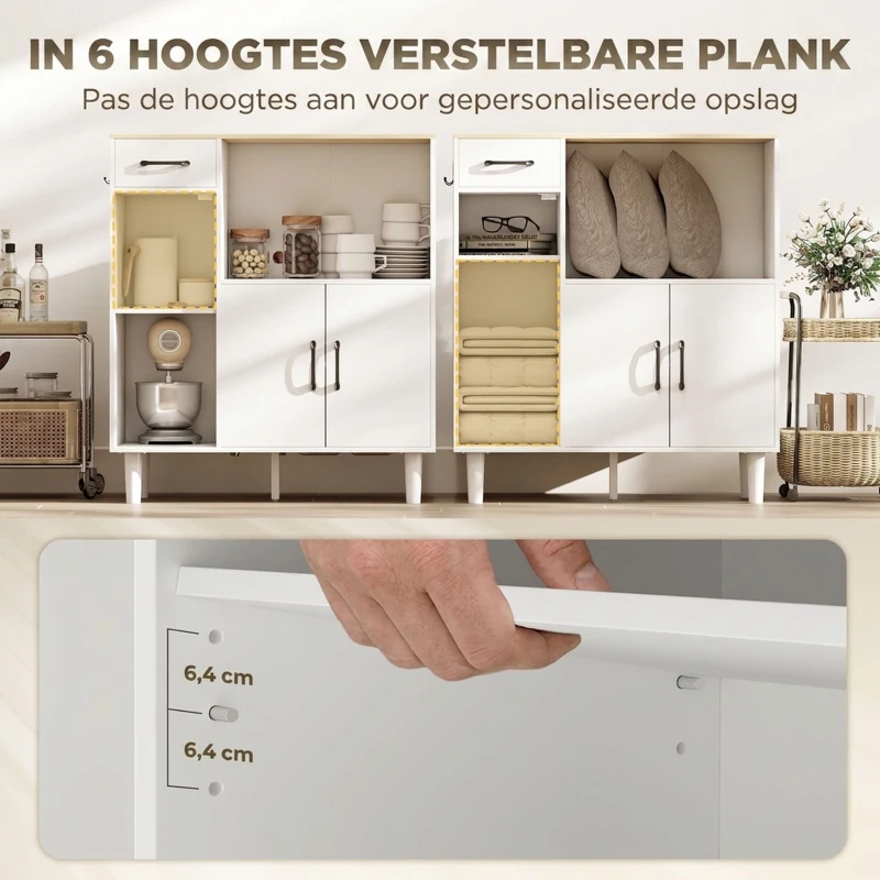 HOMCOM Dressoir Keukenkast met Lade, 2 Kasten, Open Vak, Geribbelde Acrylglasdeur 80 x 34 x 91 cm Wit+Eiken