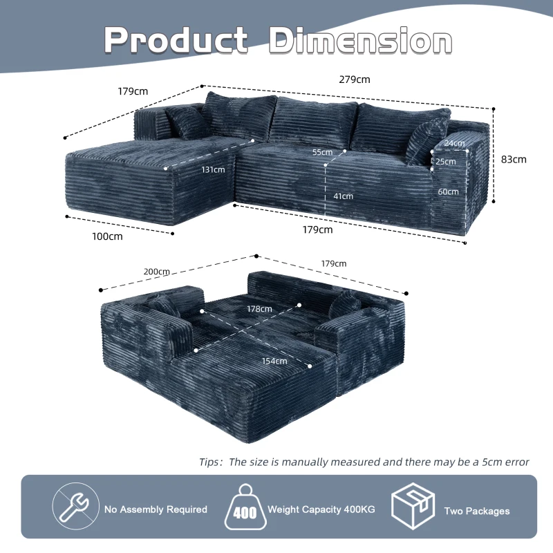 Canapé d'angle modulable en L avec méridienne, gain de place, design minimaliste, assise profonde, 279x179x83 cm, Bleu