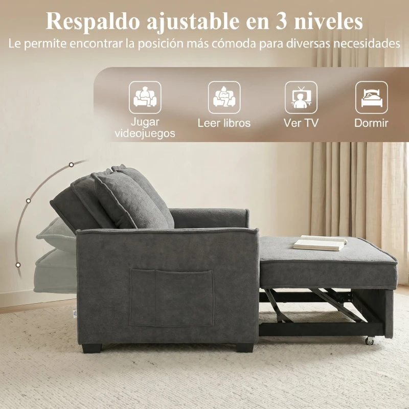 HOMCOM Sofá Cama 2 Plazas 3 en 1 con Respaldo Ajustable Bolsillos Laterales 2 Almohadas para Sala de Estar Gris Oscuro