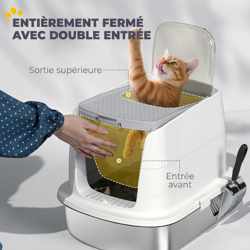 PawHut Bac à Litière Fermé en Inox, Couvercle Amovible, Entrée Frontale et Sortie Supérieure, Pelle, 52,4x41,3x39,8cm, Blanc