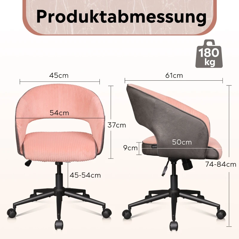 Sedia da ufficio, regolabile in altezza e girevole a 360°, braccioli integrati, 61x50x74 cm, Rosa
