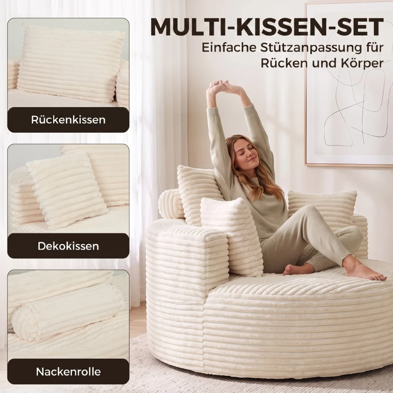 HOMCOM Sessel mit tiefer Sitzfläche, Einzelsofa ohne festen Rahmen, Vollschaum-Design, 4 Kissen, Cremeweiß