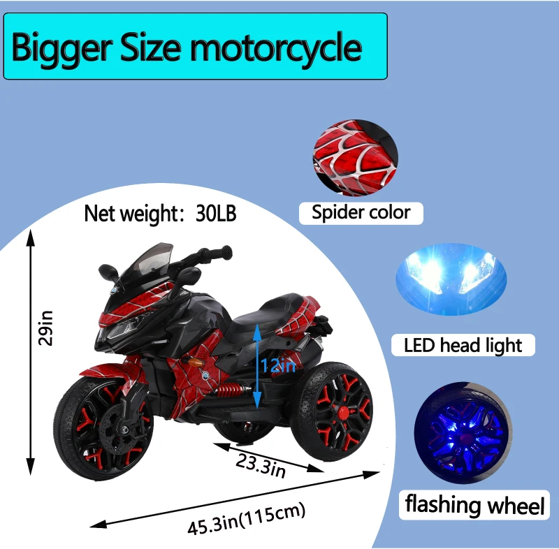 Moto elettrica per bambini 3‑ruote, con musica Bluetooth, avviamento a chiave e vano portaoggetti, 115x59x73 cm, Rosso