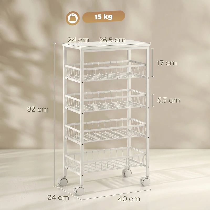 HOMCOM Carrito Auxiliar con Ruedas 4 Cestas Extraíbles Carga 15 kg Marco Metálico para Comedor Baño 40x24x82 cm Blanco