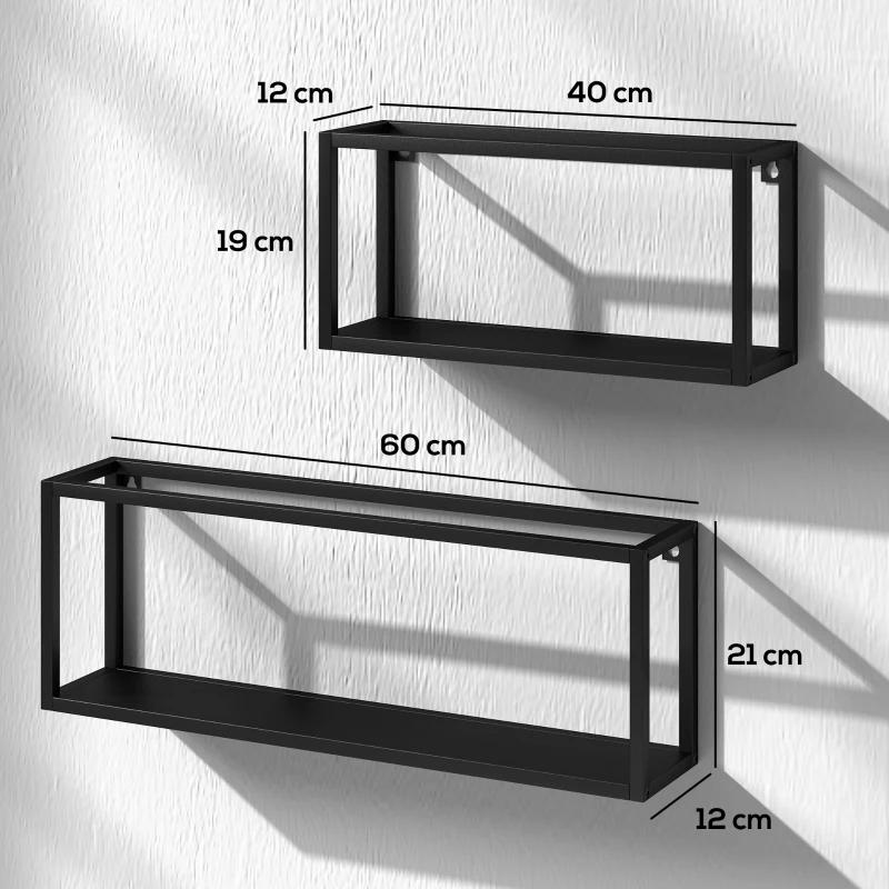 HOMCOM 2-delige set wandplanken, 15 kg draagvermogen, voor wandmontage, staal, zwart