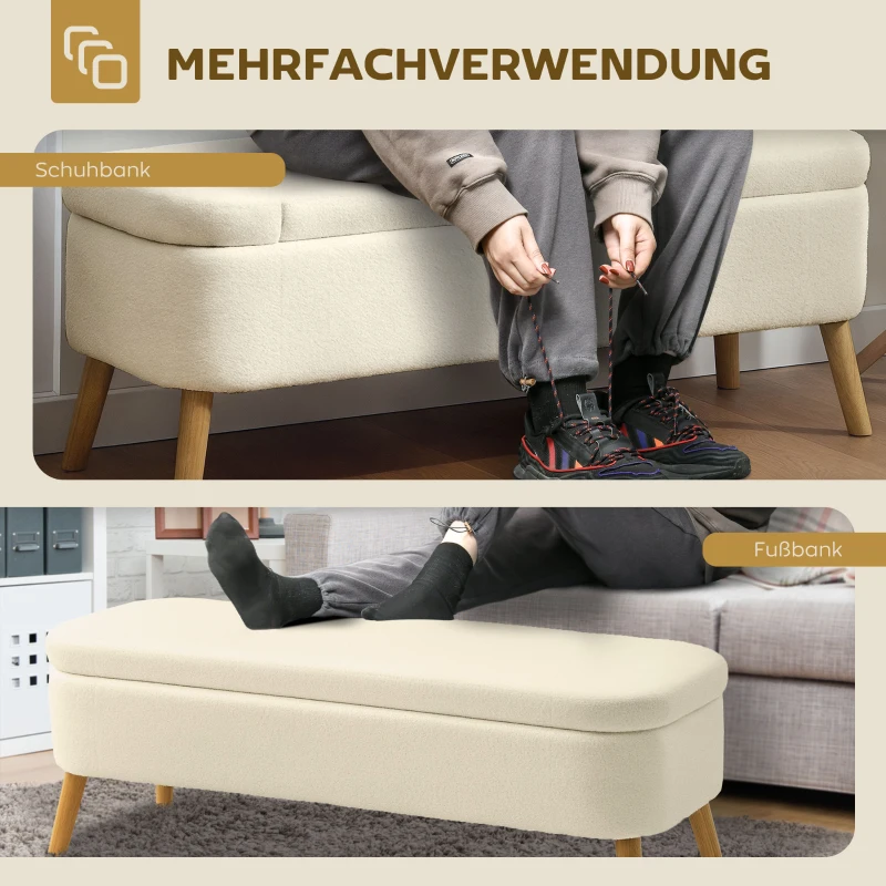 HOMCOM Opbergzitbank, zitbank met 65 L opbergruimte, teddyfleece-stof, rubberhout, 120 x 42 x 45 cm, beige