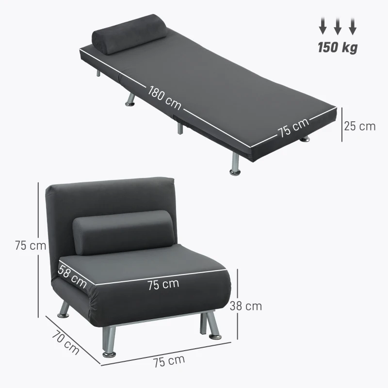 HOMCOM Opklapbare stoel met bedfunctie, opvouwbare relaxstoel in velvet-look, Verstelbare rugleuning, 75 x 70 x 75 cm, Donkergrijs