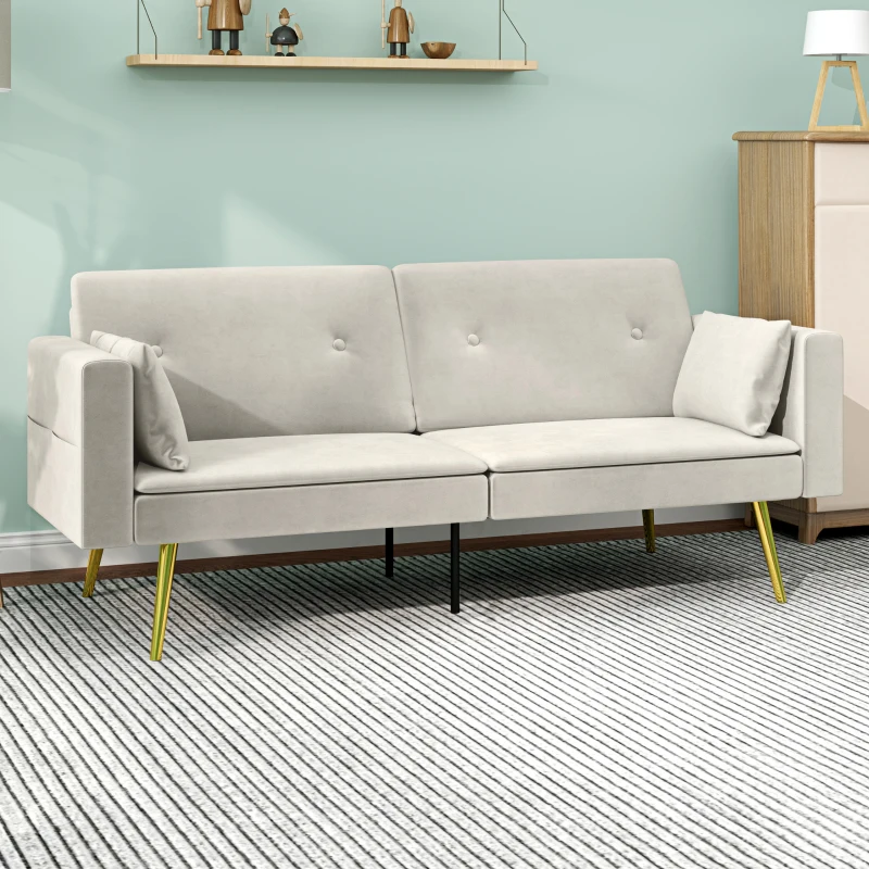 HOMCOM Tweezits Bedbank, Verstelbare Rugleuning, Zachte Kussens, Fluweelachtige Bekleding, voor Woonkamer, Gastenkamer, Beige