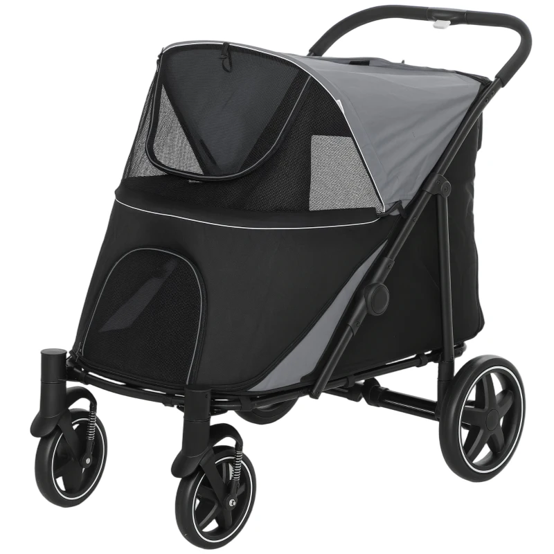 PawHut Cochecito Plegable para Perros Carrito de Mascotas con Ventanas de Malla Correas de Seguridad 112x67x100 cm Gris y Negro