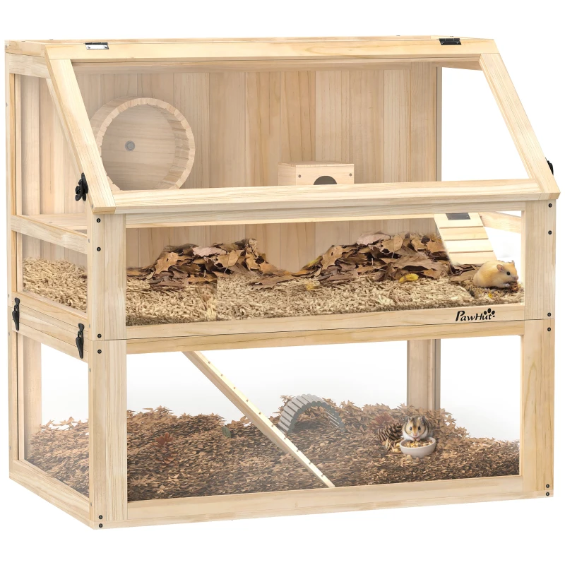 PawHut Kleine Hamsterkooi Compacte 3 Lagen met Vouwbaar Deksel Looprad voor Appartement Natuurhout(m-11)