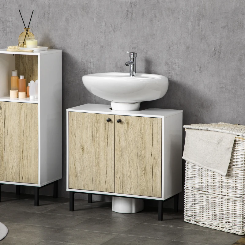 kleankin Meuble sous lavabo moderne piètement en métal double porte 60 x 30 x 60 cm - blanc et couleur bois