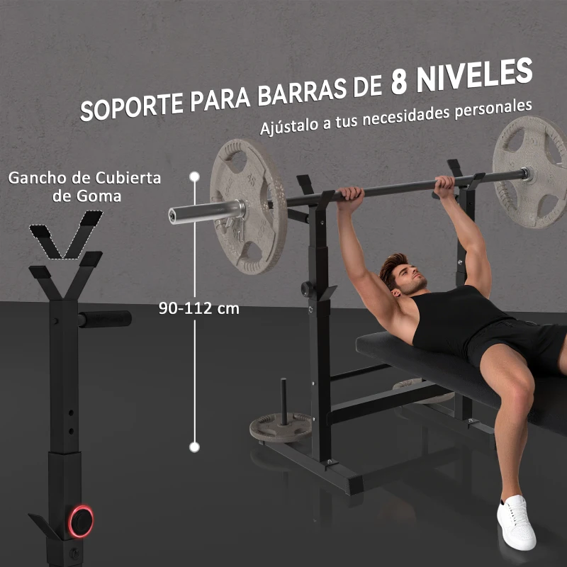 HOMCOM Banco de Musculación con Soporte para Barra y Estación de Dips Carga 220 kg para Entrenamiento en Casa Gimnasio