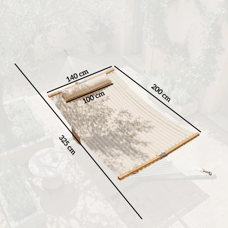 Outsunny Hamaca Acolchada de Jardín Portátil con Almohada Desmontable Bolsillo para Revistas Marco de Madera 325x140 cm Crema