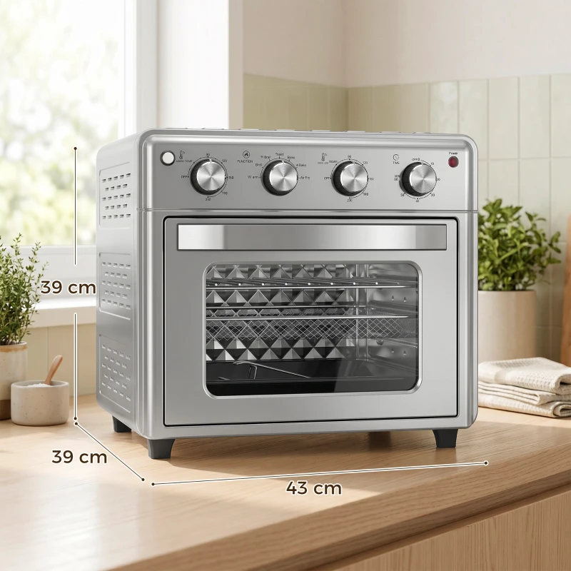 HOMCOM Forno Elétrico de Bancada 30 L 1600 W com Air Fryer, 7 Funções e Temporizador, 43x39x39 cm, Prateado