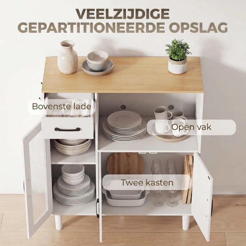 HOMCOM Dressoir Keukenkast met Lade, 2 Kasten, Open Vak, Geribbelde Acrylglasdeur 80 x 34 x 91 cm Wit+Eiken