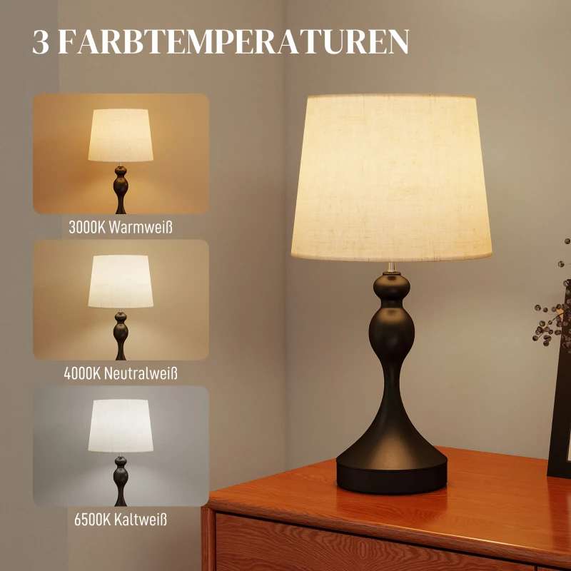HOMCOM Tafellamp LED met 3 kleurtemperaturen, nachtlamp met USB A+C oplaadpoorten, linnen lampenkap, zwart