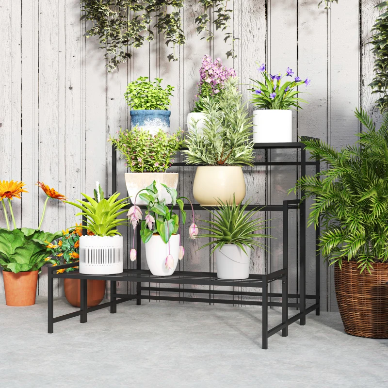 Outsunny Soporte para Plantas de Tres Niveles con Diseño en Escalera y Estructura Metálica Resistente para Interior y Exterior