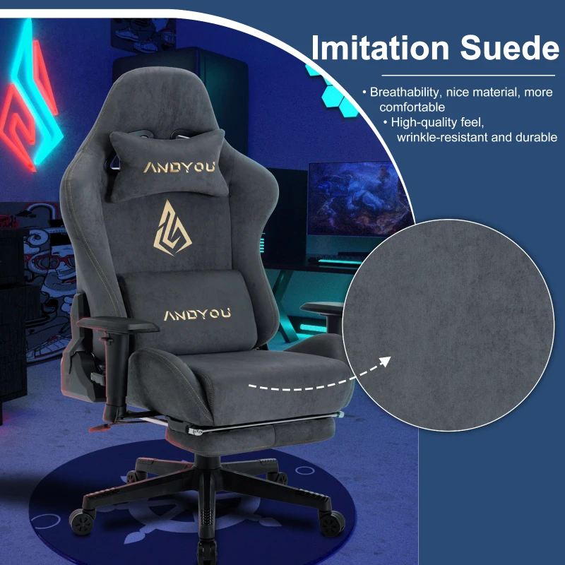 Sedia gaming con poggiapiedi, in similvelluto traspirante, regolabile in altezza con molla a gas, girevole, 70x70x135 cm, Grigio