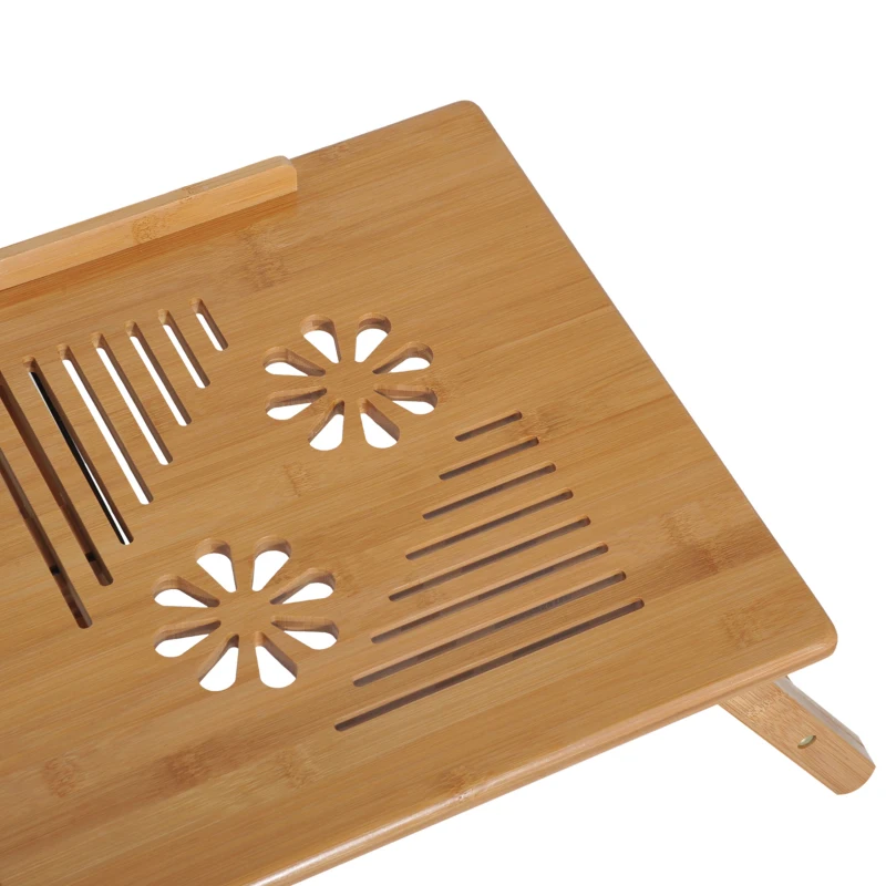 HOMCOM Mesa de Computador Portátil Bambu Dobrável Reclinado Altura ajustável Suporte Mesa de volta 1 Gaveta 55x35x22-30cm
