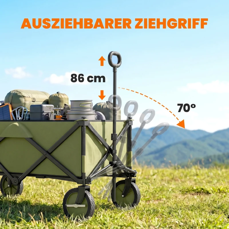 Outsunny Bollerwagen, klappbar, 5 Seitentaschen, einziehbare Griff, bis 120 kg belastbar, Stahl, 108 x 55 x 93 cm, Grün