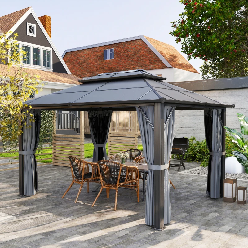 Outsunny 3 x 4m Hardtop Gazebo Canopy with UPF30+ Double Polycarbonate Roof, Aluminium Frame Garden Gazebo Permanent Pavilion with Mosquito Netting and Curtains for Patio, Deck, Grey