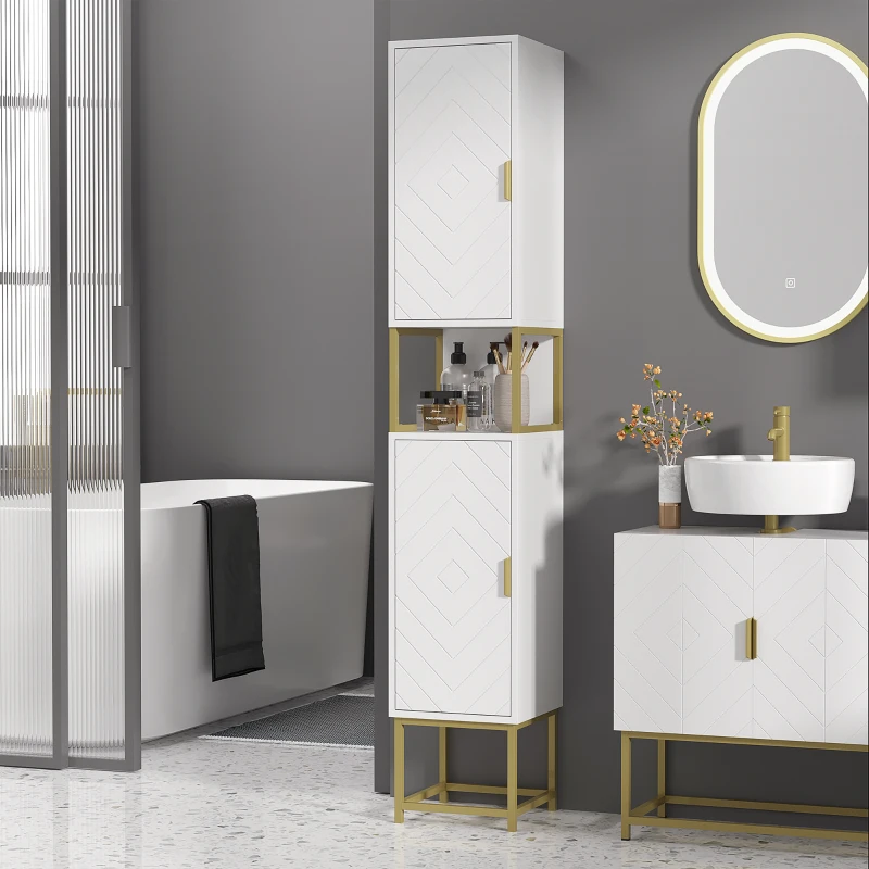 kleankin Colonna Bagno con 2 Armadietti e Ripiano in MDF e Acciaio, 30x30x170.7cm, Bianco e Oro