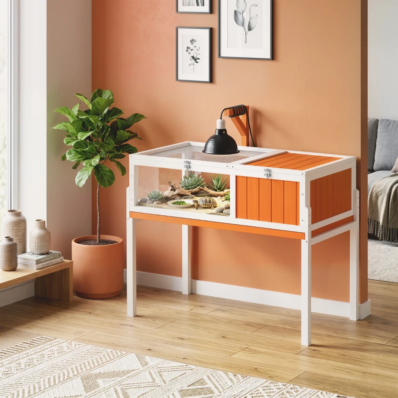 PawHut Casetta Tartarughe Rialzata con Divisorio, Vassoio Estraibile, in Legno e PS, 104x53x82 cm, Arancione e Bianco